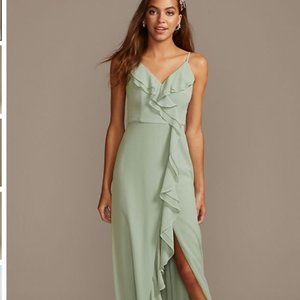 Ruffle Spaghetti-Strap Chiffon Dress with Slit